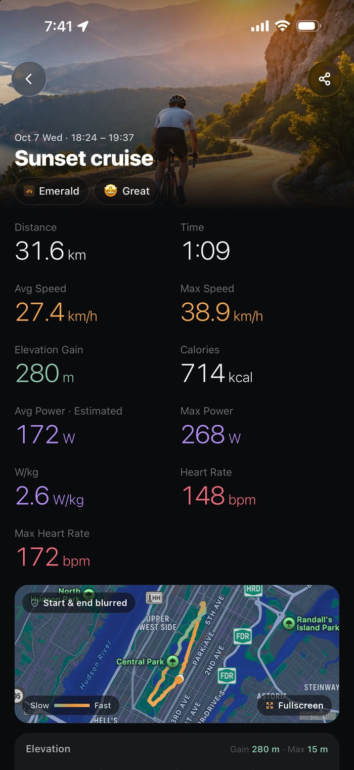 Ride detail screen with speed-colored route, elevation and power charts